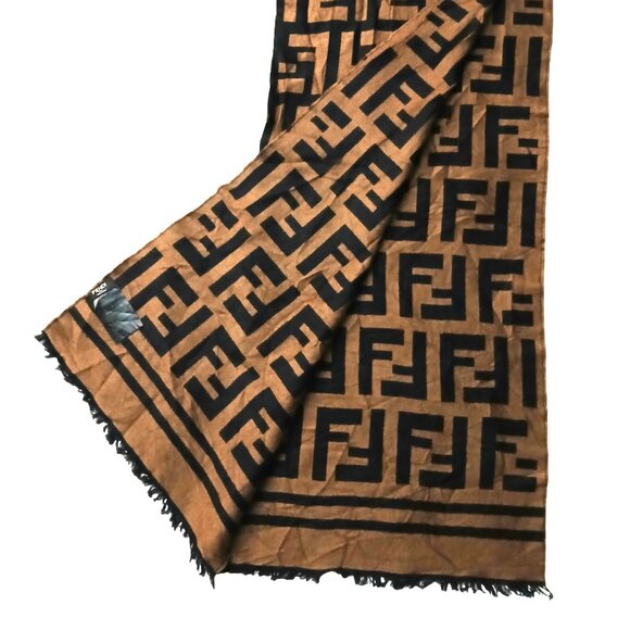 Iconic Vintage Fendi Black & Tan Reversible Fringed Scarf F Logo Print Pre-Owned - Picture 1 of 7